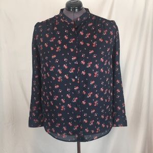 Faded Glory Plus Size XXL Navy Floral Long-Sleeved Sheer Blouse
